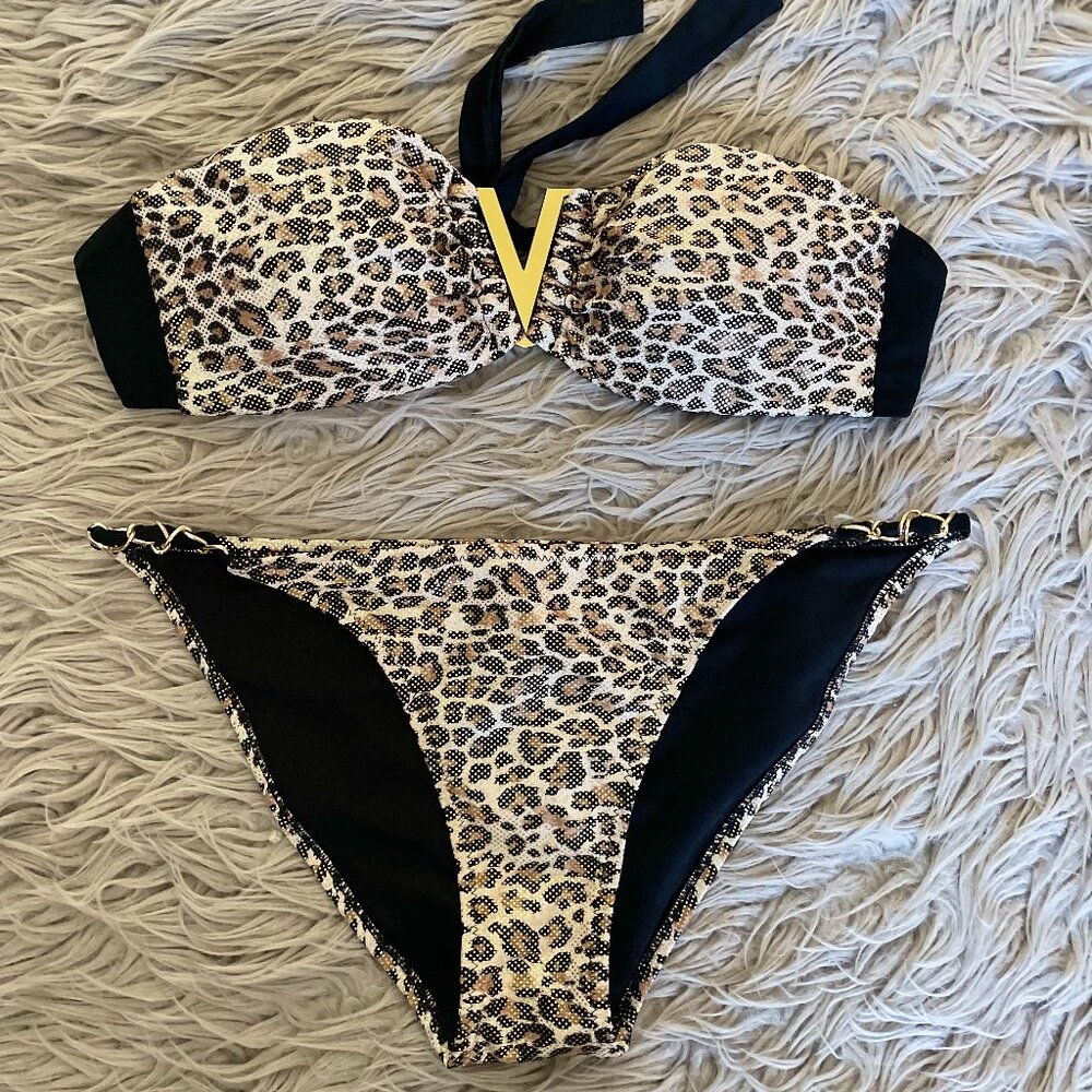 2pcs Swim Leopard Print Bandeau Bikini Set
